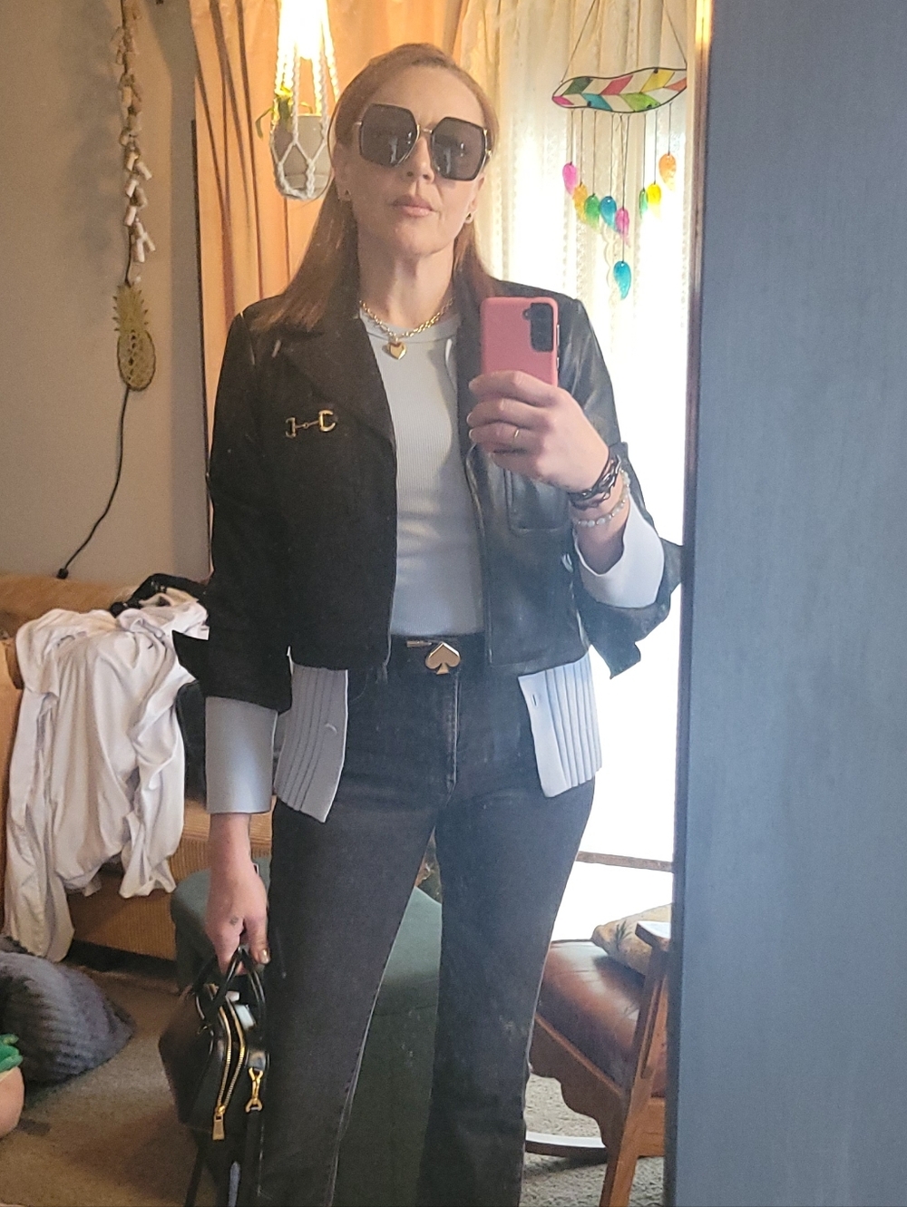 bagatelle Black Leather Cropped Jacket with Gold Accent